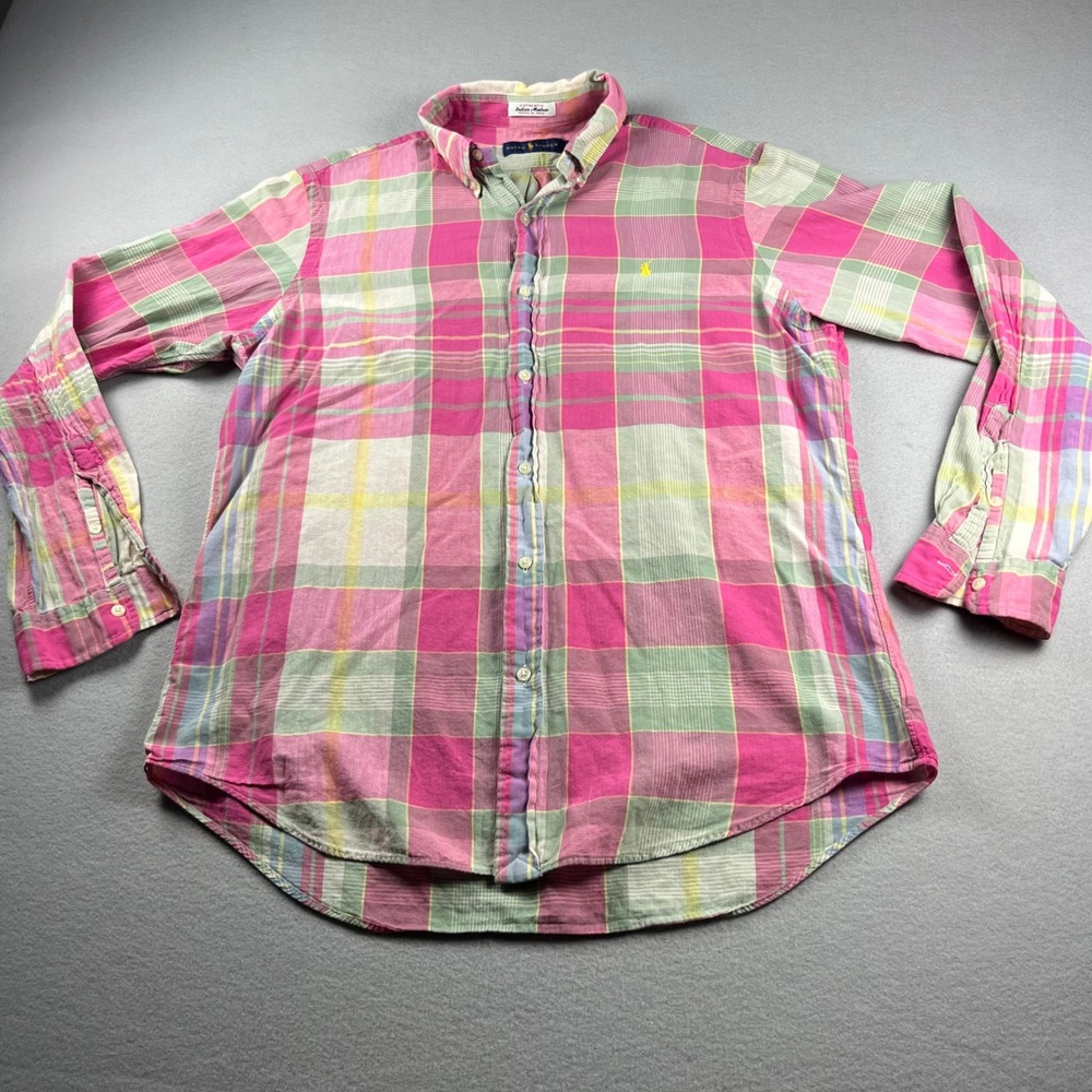 Ralph Lauren Authentic Indian Madras Plaid Shirt Mens Large Pink Green L/S